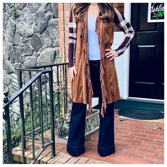 Boho Light faux suede fringed cardigan with plaid sleeves contrast - Picture 4 of 6
